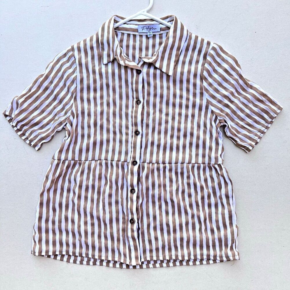 Polagram Womens  Shirt Top Blouse Button brown Woven  Short Sleeve Plaid sz S